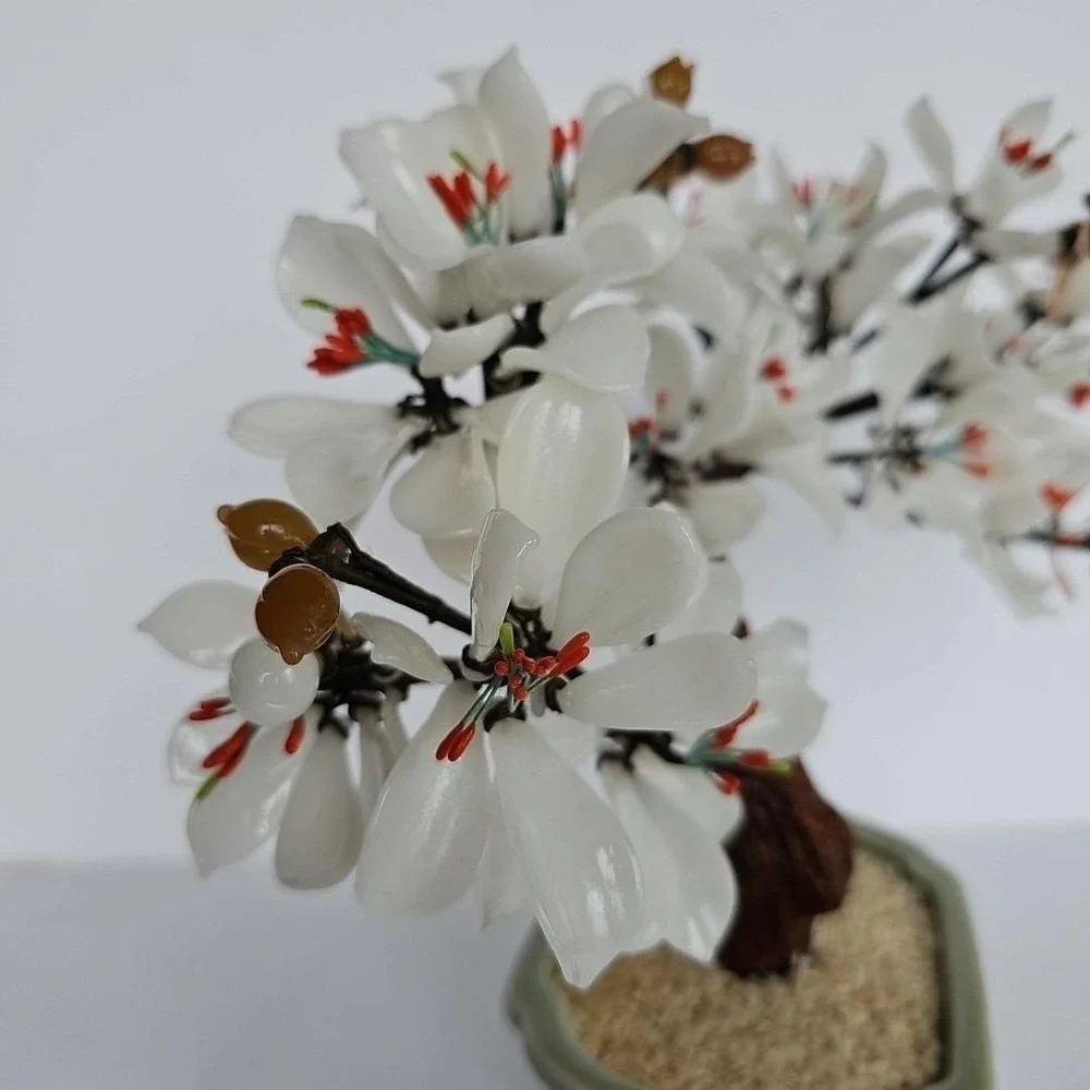 Vintage Chinese Glass Bonsai Tree White Flower Celadon Pot Chinoiserie Decor